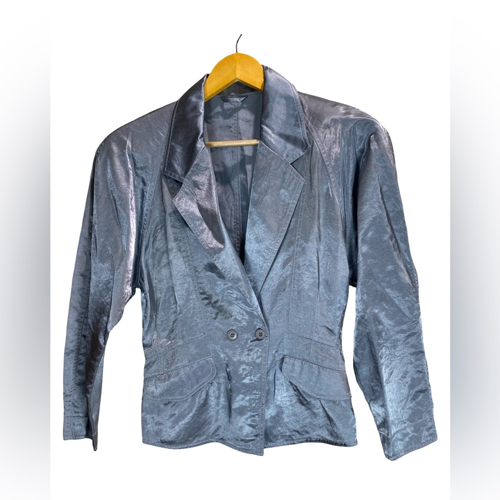 Betty Barclay Vintage Blue-Gray Shiny Nylon Blazer EU‎ 34 (US 4-6) Shoulder Pads